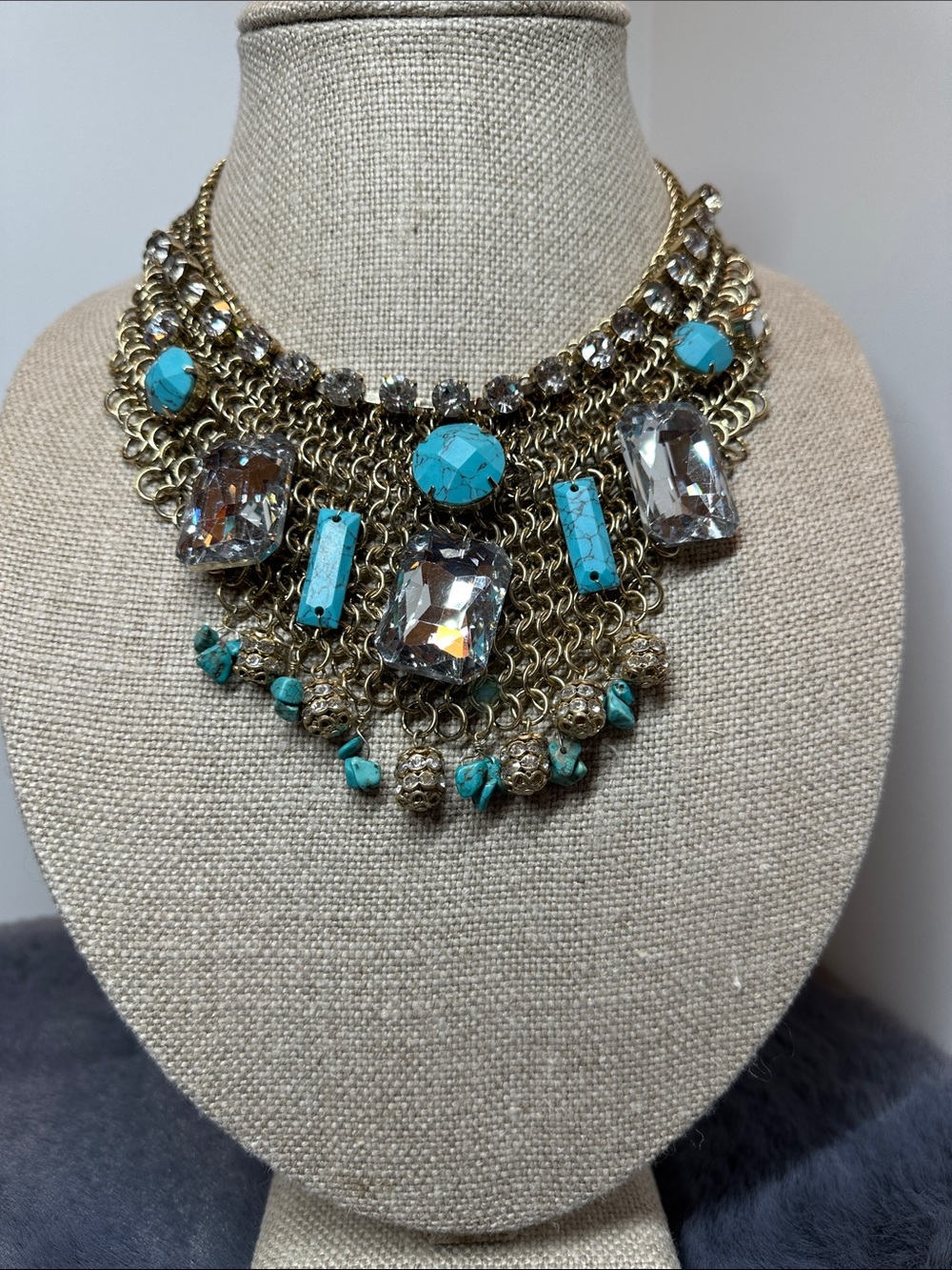 Gold-Tone Bib Necklace with Turquoise and Clear Crystals